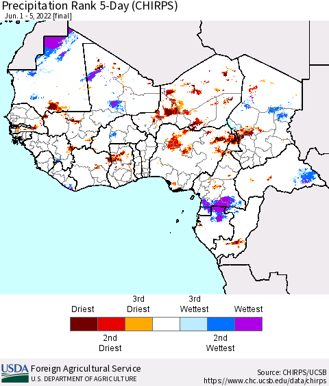 Western Africa Precipitation Rank since 1981, 5-Day (CHIRPS) Thematic Map For 6/1/2022 - 6/5/2022
