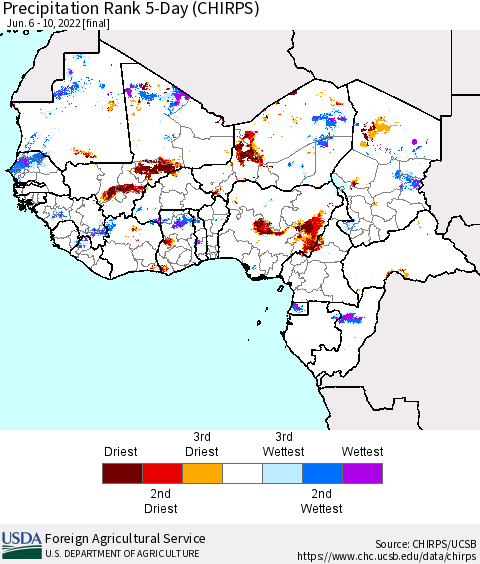 Western Africa Precipitation Rank since 1981, 5-Day (CHIRPS) Thematic Map For 6/6/2022 - 6/10/2022