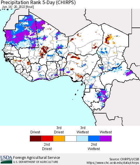 Western Africa Precipitation Rank since 1981, 5-Day (CHIRPS) Thematic Map For 6/16/2022 - 6/20/2022