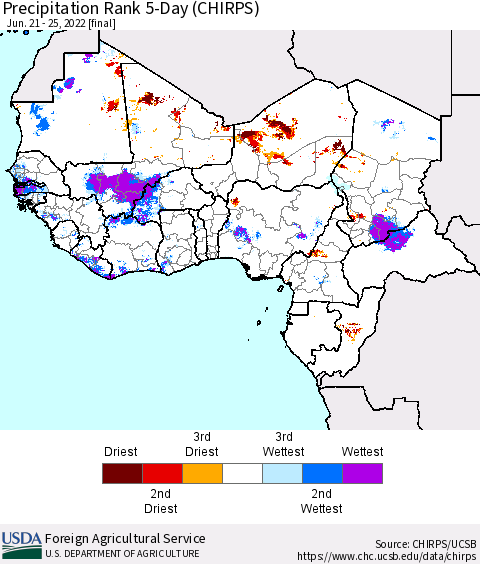 Western Africa Precipitation Rank since 1981, 5-Day (CHIRPS) Thematic Map For 6/21/2022 - 6/25/2022