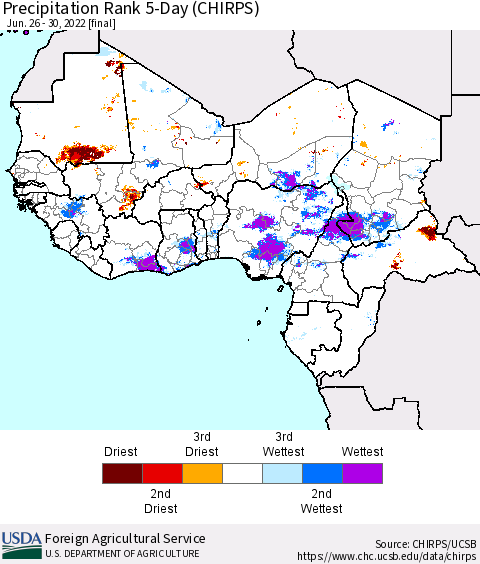 Western Africa Precipitation Rank since 1981, 5-Day (CHIRPS) Thematic Map For 6/26/2022 - 6/30/2022