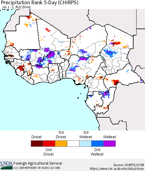 Western Africa Precipitation Rank since 1981, 5-Day (CHIRPS) Thematic Map For 7/1/2022 - 7/5/2022