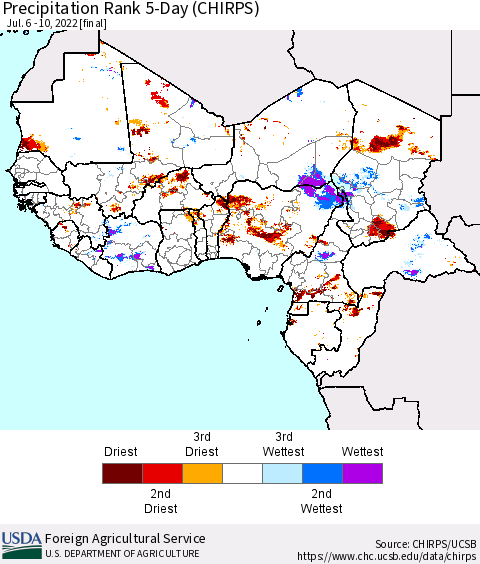 Western Africa Precipitation Rank since 1981, 5-Day (CHIRPS) Thematic Map For 7/6/2022 - 7/10/2022