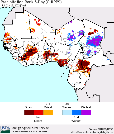 Western Africa Precipitation Rank since 1981, 5-Day (CHIRPS) Thematic Map For 7/11/2022 - 7/15/2022