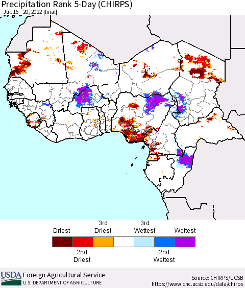 Western Africa Precipitation Rank since 1981, 5-Day (CHIRPS) Thematic Map For 7/16/2022 - 7/20/2022