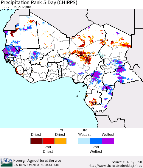 Western Africa Precipitation Rank since 1981, 5-Day (CHIRPS) Thematic Map For 7/21/2022 - 7/25/2022