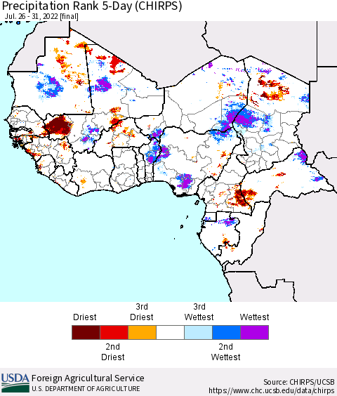 Western Africa Precipitation Rank since 1981, 5-Day (CHIRPS) Thematic Map For 7/26/2022 - 7/31/2022