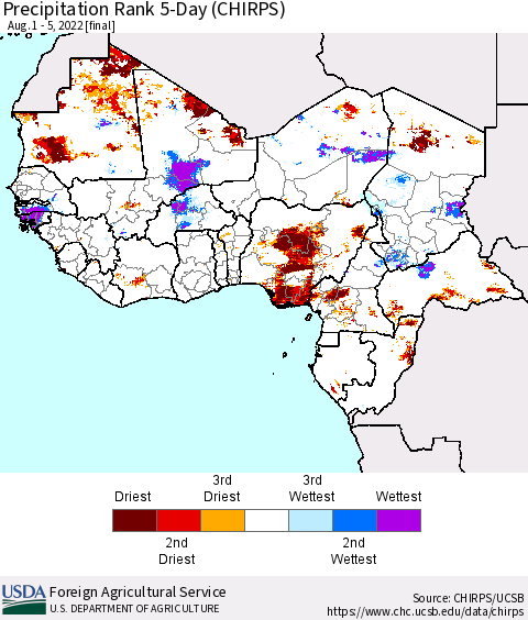 Western Africa Precipitation Rank since 1981, 5-Day (CHIRPS) Thematic Map For 8/1/2022 - 8/5/2022