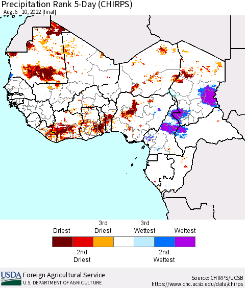 Western Africa Precipitation Rank since 1981, 5-Day (CHIRPS) Thematic Map For 8/6/2022 - 8/10/2022