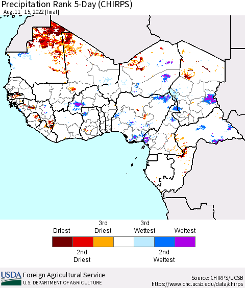 Western Africa Precipitation Rank since 1981, 5-Day (CHIRPS) Thematic Map For 8/11/2022 - 8/15/2022