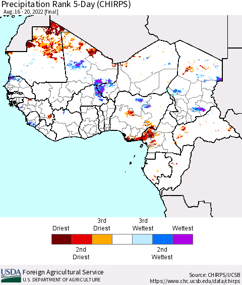 Western Africa Precipitation Rank since 1981, 5-Day (CHIRPS) Thematic Map For 8/16/2022 - 8/20/2022