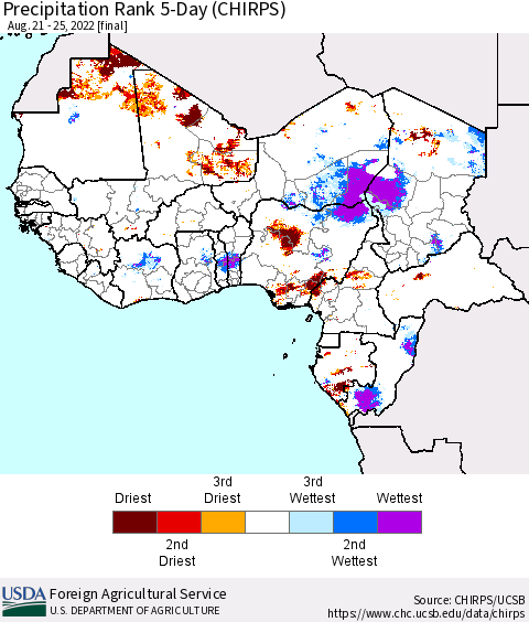 Western Africa Precipitation Rank since 1981, 5-Day (CHIRPS) Thematic Map For 8/21/2022 - 8/25/2022