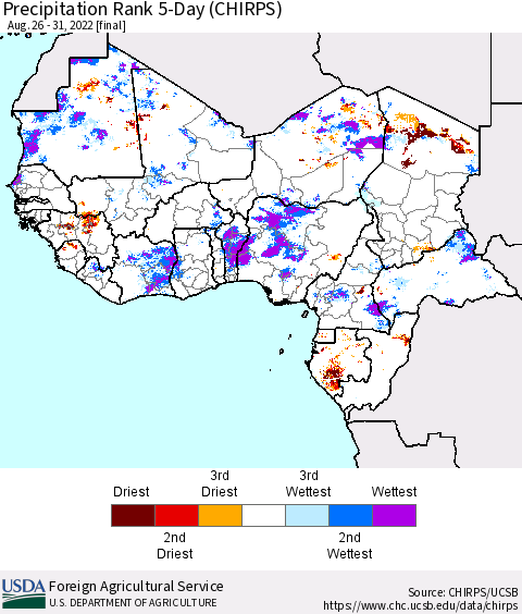 Western Africa Precipitation Rank since 1981, 5-Day (CHIRPS) Thematic Map For 8/26/2022 - 8/31/2022