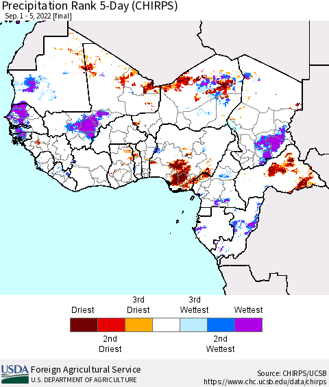 Western Africa Precipitation Rank since 1981, 5-Day (CHIRPS) Thematic Map For 9/1/2022 - 9/5/2022