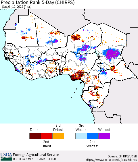 Western Africa Precipitation Rank since 1981, 5-Day (CHIRPS) Thematic Map For 9/6/2022 - 9/10/2022