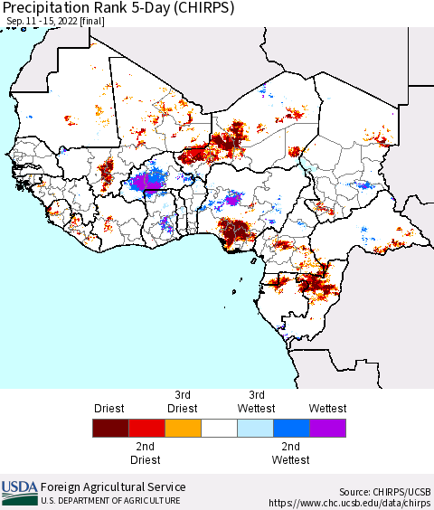 Western Africa Precipitation Rank since 1981, 5-Day (CHIRPS) Thematic Map For 9/11/2022 - 9/15/2022