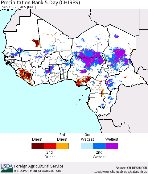 Western Africa Precipitation Rank since 1981, 5-Day (CHIRPS) Thematic Map For 9/16/2022 - 9/20/2022