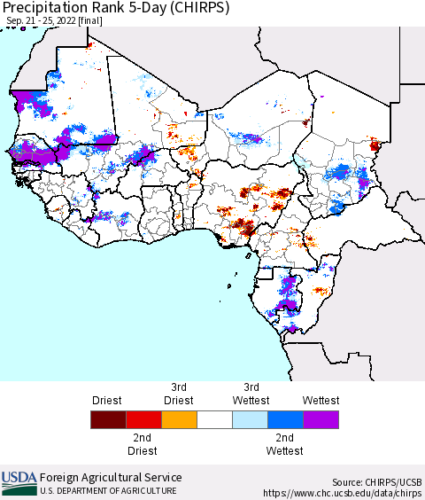 Western Africa Precipitation Rank since 1981, 5-Day (CHIRPS) Thematic Map For 9/21/2022 - 9/25/2022