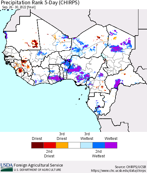 Western Africa Precipitation Rank since 1981, 5-Day (CHIRPS) Thematic Map For 9/26/2022 - 9/30/2022