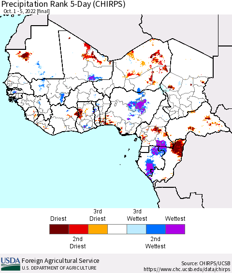 Western Africa Precipitation Rank since 1981, 5-Day (CHIRPS) Thematic Map For 10/1/2022 - 10/5/2022