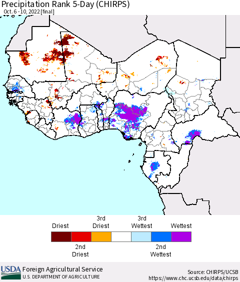 Western Africa Precipitation Rank since 1981, 5-Day (CHIRPS) Thematic Map For 10/6/2022 - 10/10/2022
