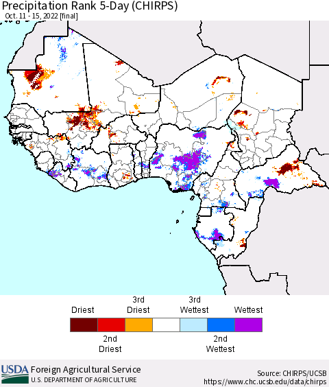 Western Africa Precipitation Rank since 1981, 5-Day (CHIRPS) Thematic Map For 10/11/2022 - 10/15/2022