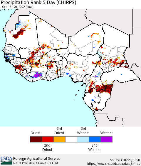 Western Africa Precipitation Rank since 1981, 5-Day (CHIRPS) Thematic Map For 10/16/2022 - 10/20/2022