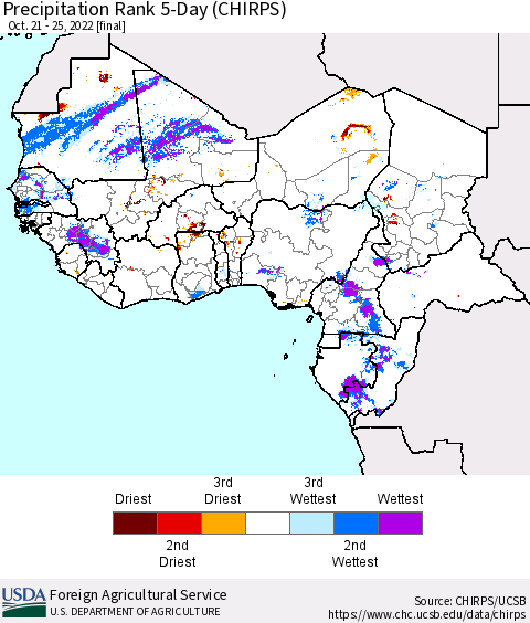 Western Africa Precipitation Rank since 1981, 5-Day (CHIRPS) Thematic Map For 10/21/2022 - 10/25/2022