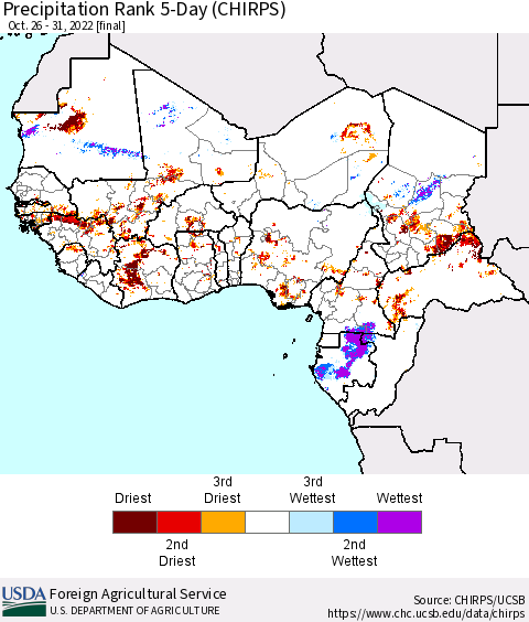 Western Africa Precipitation Rank since 1981, 5-Day (CHIRPS) Thematic Map For 10/26/2022 - 10/31/2022