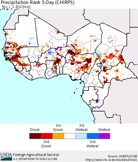 Western Africa Precipitation Rank since 1981, 5-Day (CHIRPS) Thematic Map For 11/1/2022 - 11/5/2022