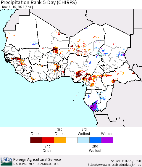 Western Africa Precipitation Rank since 1981, 5-Day (CHIRPS) Thematic Map For 11/6/2022 - 11/10/2022