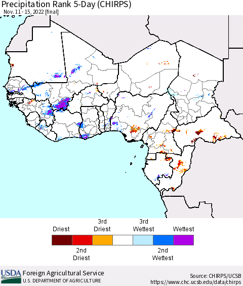 Western Africa Precipitation Rank since 1981, 5-Day (CHIRPS) Thematic Map For 11/11/2022 - 11/15/2022