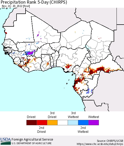 Western Africa Precipitation Rank since 1981, 5-Day (CHIRPS) Thematic Map For 11/16/2022 - 11/20/2022
