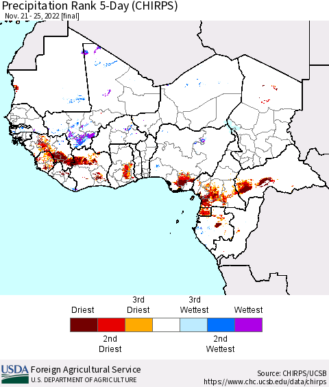 Western Africa Precipitation Rank since 1981, 5-Day (CHIRPS) Thematic Map For 11/21/2022 - 11/25/2022