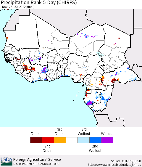 Western Africa Precipitation Rank since 1981, 5-Day (CHIRPS) Thematic Map For 11/26/2022 - 11/30/2022