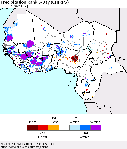 Western Africa Precipitation Rank since 1981, 5-Day (CHIRPS) Thematic Map For 12/1/2022 - 12/5/2022
