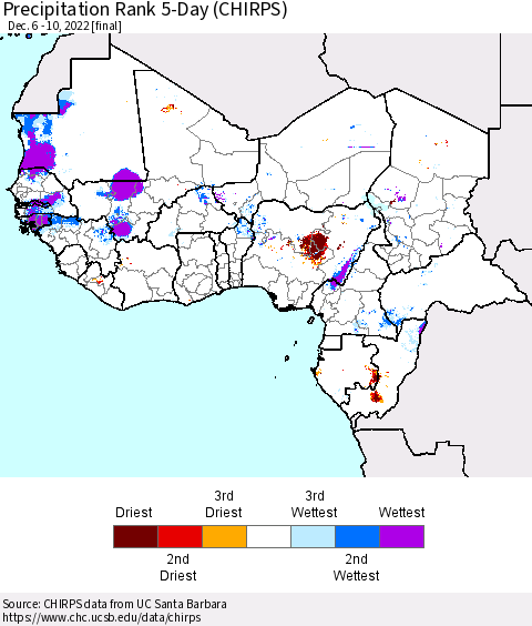 Western Africa Precipitation Rank since 1981, 5-Day (CHIRPS) Thematic Map For 12/6/2022 - 12/10/2022