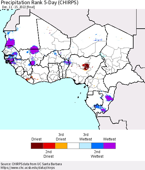 Western Africa Precipitation Rank since 1981, 5-Day (CHIRPS) Thematic Map For 12/11/2022 - 12/15/2022