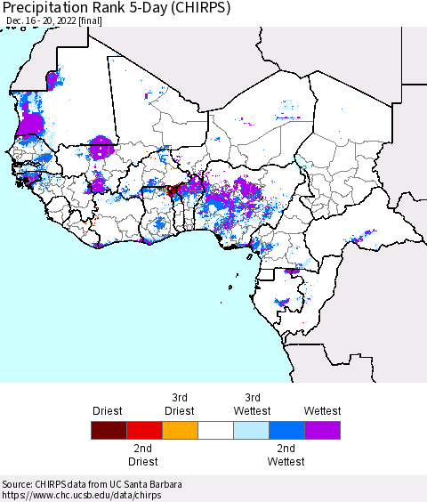 Western Africa Precipitation Rank since 1981, 5-Day (CHIRPS) Thematic Map For 12/16/2022 - 12/20/2022