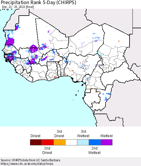 Western Africa Precipitation Rank since 1981, 5-Day (CHIRPS) Thematic Map For 12/21/2022 - 12/25/2022