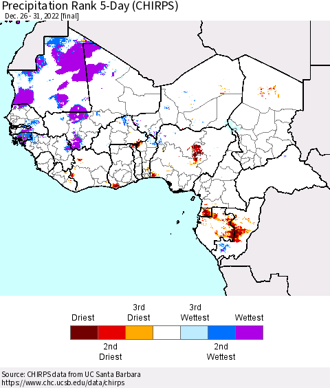 Western Africa Precipitation Rank since 1981, 5-Day (CHIRPS) Thematic Map For 12/26/2022 - 12/31/2022