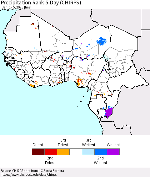 Western Africa Precipitation Rank since 1981, 5-Day (CHIRPS) Thematic Map For 1/1/2023 - 1/5/2023