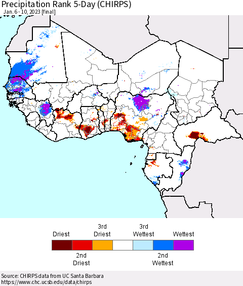 Western Africa Precipitation Rank since 1981, 5-Day (CHIRPS) Thematic Map For 1/6/2023 - 1/10/2023