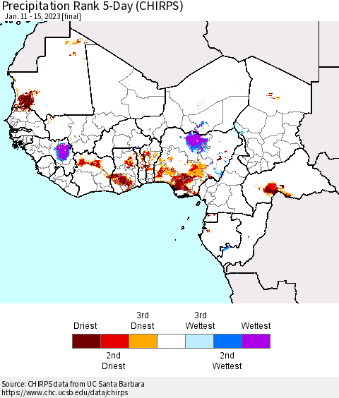 Western Africa Precipitation Rank since 1981, 5-Day (CHIRPS) Thematic Map For 1/11/2023 - 1/15/2023