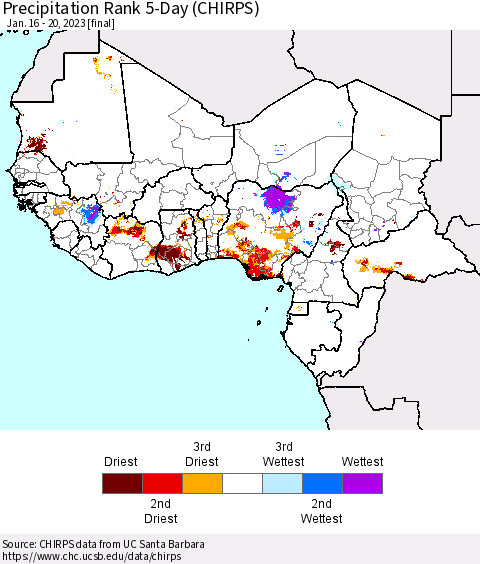 Western Africa Precipitation Rank since 1981, 5-Day (CHIRPS) Thematic Map For 1/16/2023 - 1/20/2023