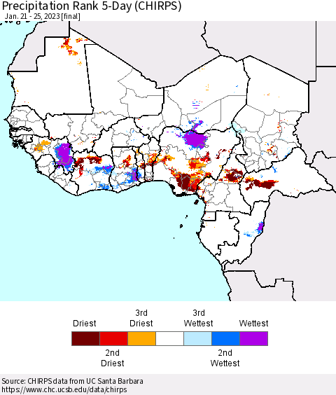 Western Africa Precipitation Rank since 1981, 5-Day (CHIRPS) Thematic Map For 1/21/2023 - 1/25/2023