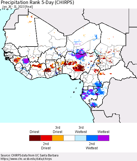 Western Africa Precipitation Rank since 1981, 5-Day (CHIRPS) Thematic Map For 1/26/2023 - 1/31/2023