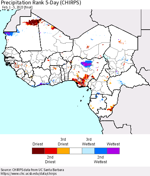 Western Africa Precipitation Rank since 1981, 5-Day (CHIRPS) Thematic Map For 2/1/2023 - 2/5/2023