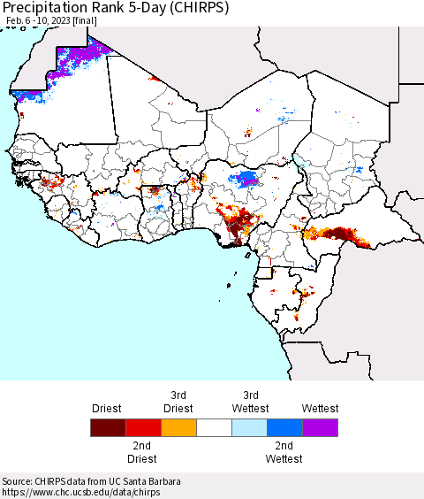 Western Africa Precipitation Rank since 1981, 5-Day (CHIRPS) Thematic Map For 2/6/2023 - 2/10/2023
