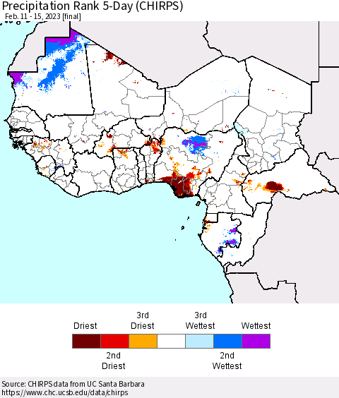 Western Africa Precipitation Rank since 1981, 5-Day (CHIRPS) Thematic Map For 2/11/2023 - 2/15/2023